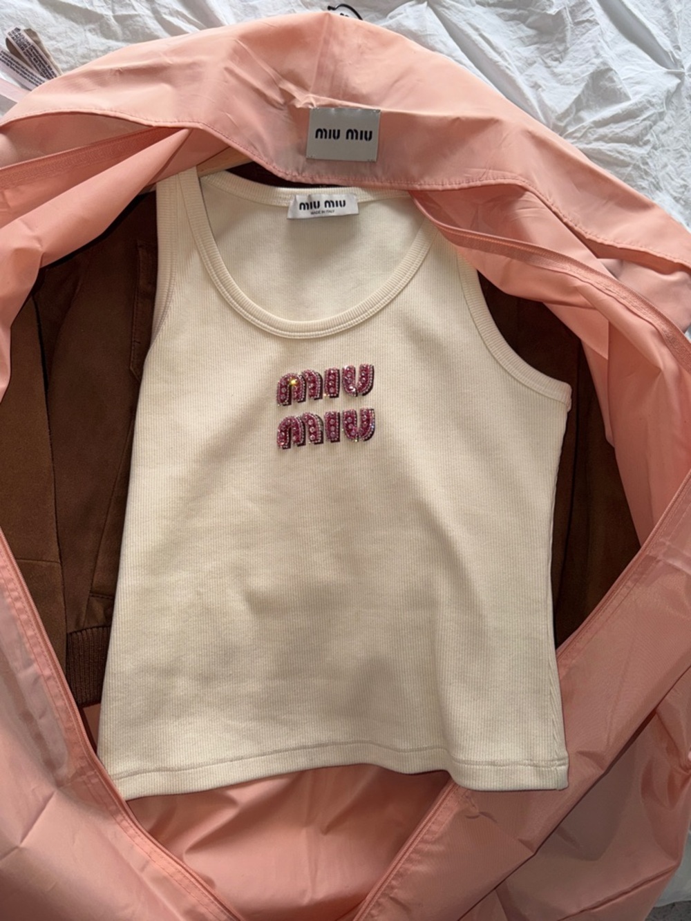 Miu Miu Cream Ribbed Tank Top with Pink Embellished Logo